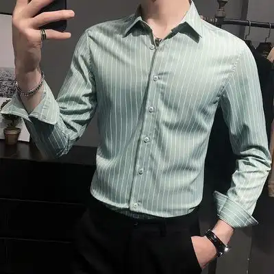 新款男士衬衫长袖条纹韩版青年修身棉弹潮流加绒寸衫商务休闲衬衣
