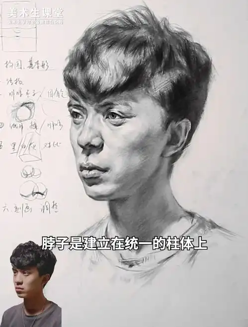 联考素描头像丨素描卷发男青年头像教学讲解,附范画视频
