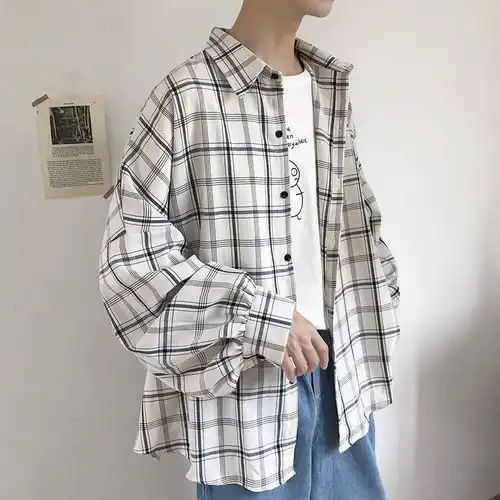 格子长袖衬衫男士春季港风外套韩版潮流宽松衬衣学生休闲帅气上衣
