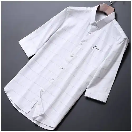 汤河之家春夏季薄款纯棉衬衫男士青年潮流中袖刺绣寸衫修身型男装格子衬衣a
