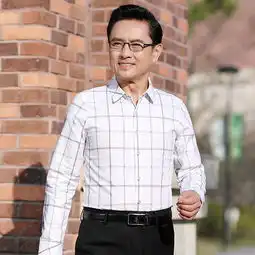 洋湖轩榭春装中年男士长袖衬衫2019春季商务免熨宽松白衬衣男纯棉爸爸装薄a
