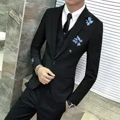 18秋新款休闲高端时尚绣花绅士男修身单排扣西服三件套xy02p285
