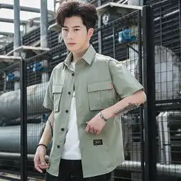 港风衬衫男士韩版潮流帅气衬衣服五分短袖工装牛仔上衣夏装外套潮
