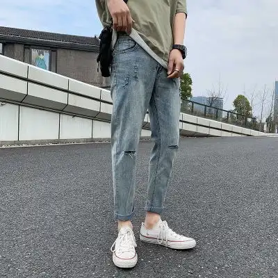 2020男士青年韩版春夏新款港风弹力修身破洞九分裤文艺牛仔裤
