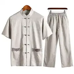 爸爸短袖唐装亚麻套装老人中国风爷爷夏季衣服中老年男装中年男士
