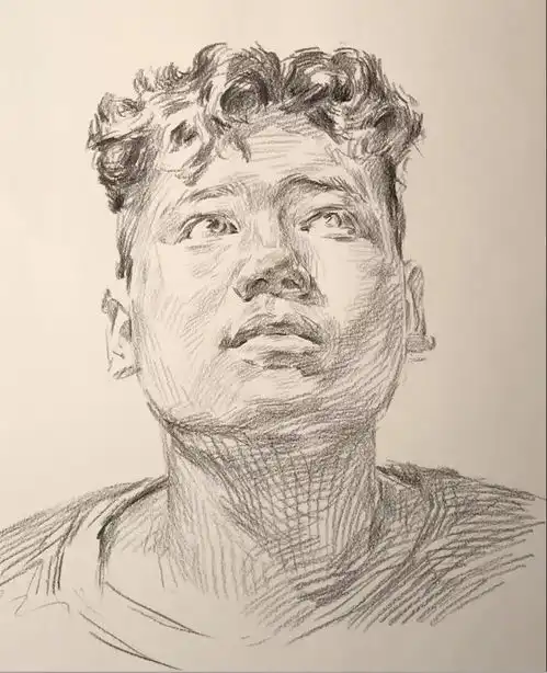 教你画壮实的卷发男青年正面素描头像,看起来咯
