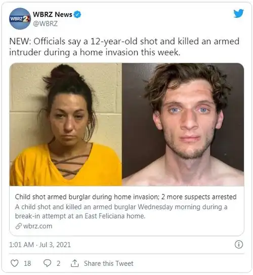 妈妈在家被挟持,美国12岁男孩猎枪射杀闯入男
