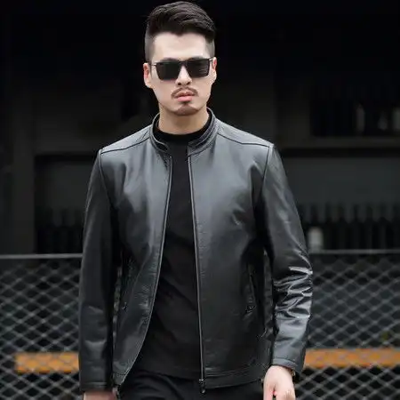 洋湖轩榭中年男士皮衣夹克立领外套薄款春秋商务休闲头层牛皮衣服新款男装a图片大全邮乐官方网站
