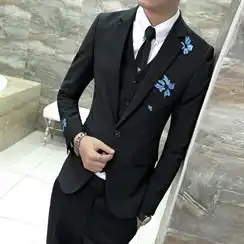 18秋新款休闲高端时尚绣花绅士男修身单排扣西服三件套xy02p285

