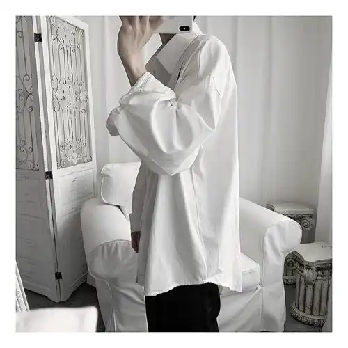 短句先生长袖衬衫男韩版休闲宽松潮流帅气学生宽松抽绳白色衬衫
