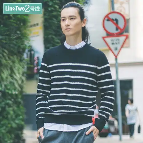 linetwo男士毛衣圆领修身针织衫薄款黑白条堆糖,美图壁纸兴趣社区
