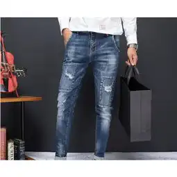 mt2018春款男装破洞牛仔裤男修身个性补丁男式牛仔裤青年休闲小脚裤图片大全邮乐官方网站
