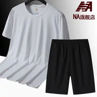 大码休闲运动套装男夏季短袖短裤男装短套冰丝圆领t恤高弹青年
