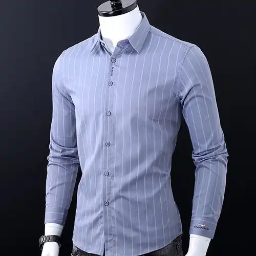 汤河之家2019秋季新款长袖衬衫男青年时尚修身精品刺绣条纹衬衣男装c
