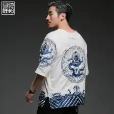 马驰祥邦中国风男装t恤男刺绣衣服男士短袖t恤圆领夏季鸡t恤
