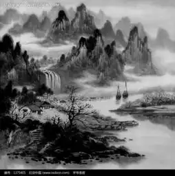 水墨画高山流水和水面上的船只图片
