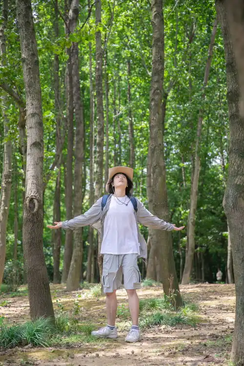 在树林中展开双手徒步旅行男生人物摄影图摄影
