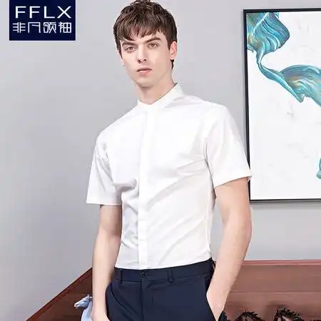 汤河之家小立领白衬衫男短袖夏季免烫修身商务休闲正装小立领圆领衬衣

