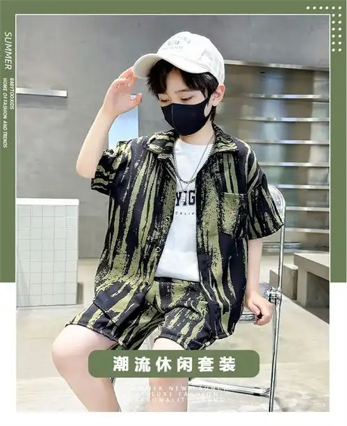 101夏季男童中小童花衬衫新款薄款衬衫上衣短裤两件套网红套装
