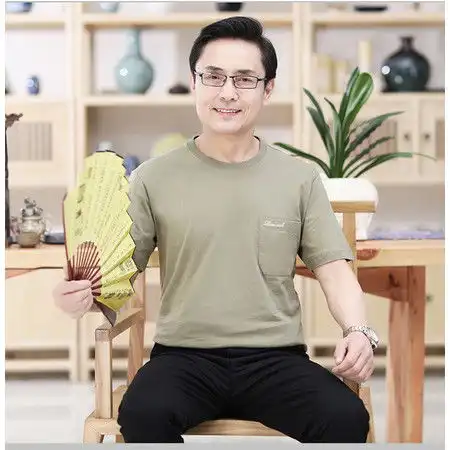 洋湖轩榭短袖t恤男春夏中老年纯棉上衣男士圆领爸爸装汗衫纯色宽松大码

