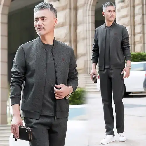 洋湖轩榭中老年运动套装男春秋季大码三件套爸爸休闲卫衣套装男士运动衣服
