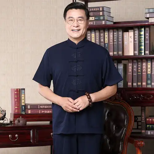 夏季新款男士中老年唐装夏季运动套装风刺绣短袖两件套

