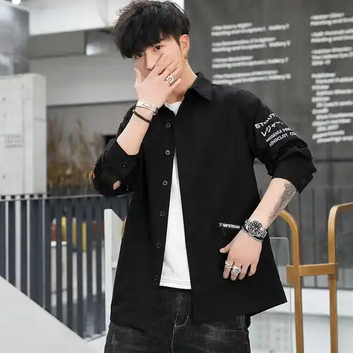 新款衬衫男长袖绣花春秋季衬衣宽松韩版潮流休闲工装外套男装寸衫
