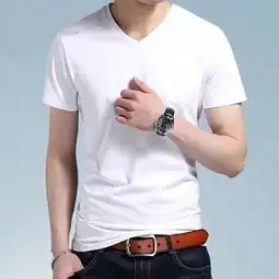 纯色纯棉v领长袖t恤男2019春装新款男士韩版修身休闲百搭打
