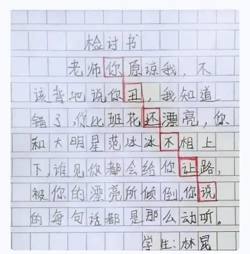 小学生检讨书不承认错误,变着法侮辱老师,老师一眼看穿
