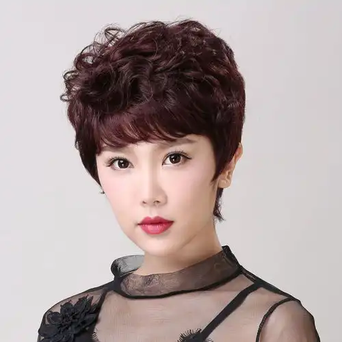 假发短发女中老年送妈妈蓬松自然微卷短卷发化疗真人发丝整顶发套
