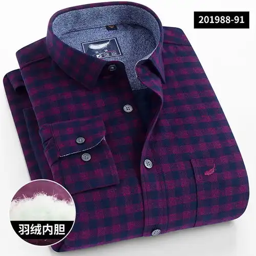 90白鸭绒男士羽绒衬衫纯棉磨毛外布冬季格子外套加绒加厚衬衣男
