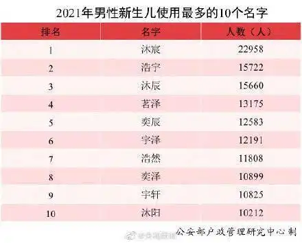 转存全国使用最多的名字公布沐宸和若汐

