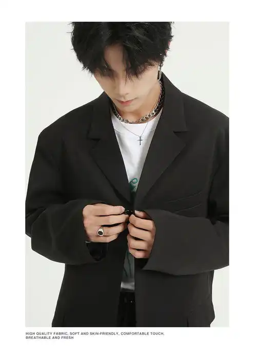 汤河之家春季新款黑色西服外套男宽松韩版潮流单扣休闲西装男上衣c
