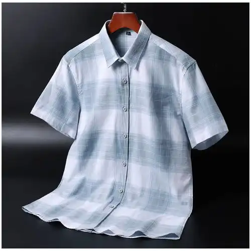 汤河之家格子衬衫男士短袖夏季新款纯棉休闲翻领刺绣寸衫男装修身打底衬衣a
