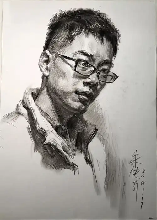 素描头像戴眼镜的34男青年及侧身男中年
