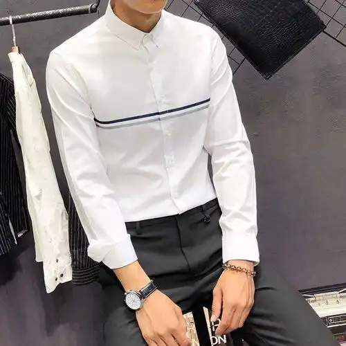夏季五分中袖衬衫男韩版修身潮流青年男士白色条纹衬衣
