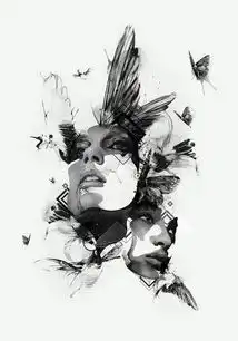 一个美丽的手绘概念女性人像黑白插画强调反映充满艺术动感的视觉
