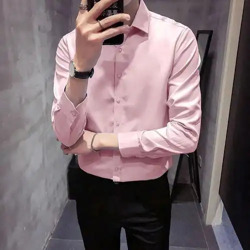 衬衫男领带长袖百搭潮流韩版青少年男衬衣休闲帅气学生白色衬衫男
