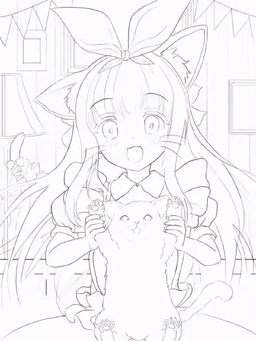 动漫插画今日份的猫耳女仆和猫咪

