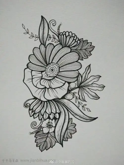 黑白线描花束简笔画