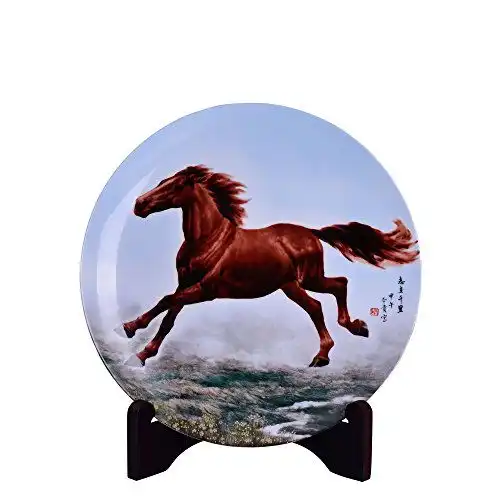 瓷博大师谢本贵生肖骏马彩瓷盘马到成功志在千里工艺品坐盘摆件
