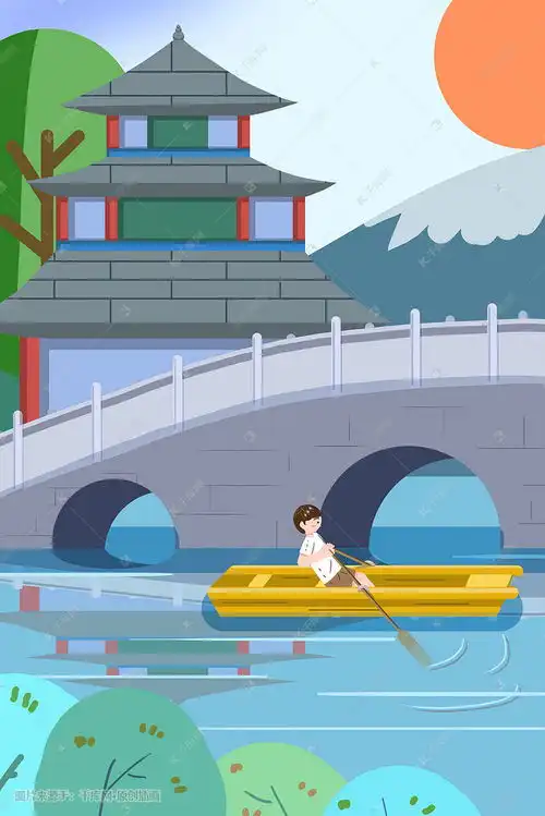 旅游旅行风光建筑经典风景男孩划船卡通插画图片千库网