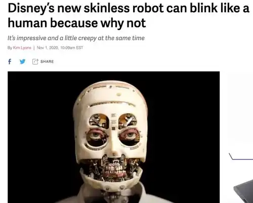 迪士尼研发新型无皮肤仿生机器人,可以像人类一样眨眼

