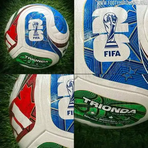 美加墨世界杯用球谍照白色主色调红蓝绿点缀,灵感美加墨国旗
