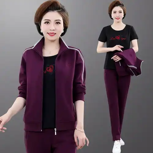 施悦名中老年运动服套装女春秋妈妈秋装外套衣服中年妇女大码三件套
