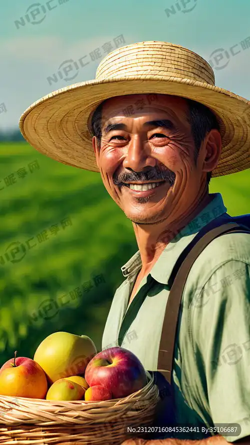 ai创作图中年男人背筐水果面带微笑戴草帽人物位于图片左侧人物要小点突出绿色的田野水果要鲜艳色彩明丽卡通形象nipic.com
