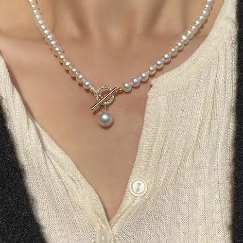 汤河店天然强光淡水珍珠镶钻ot扣项链轻奢小众设计ins冷淡风锁骨链女
