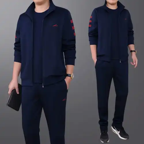 春秋新款中老年运动套装棉男士休闲套装爸爸装大码加绒加厚三件套
