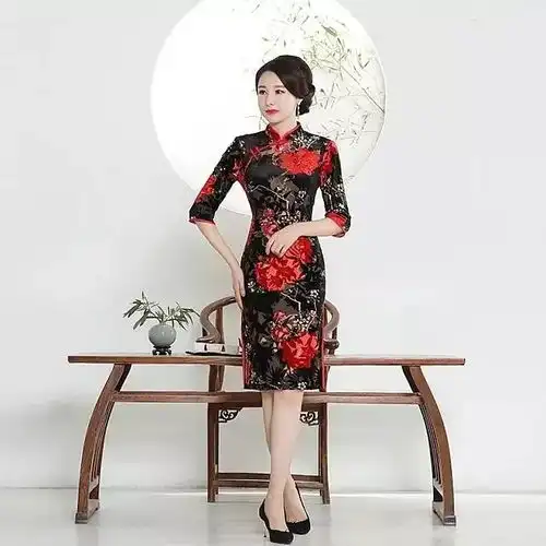 时尚丝绒牡丹花,引领典雅中国风旗袍

