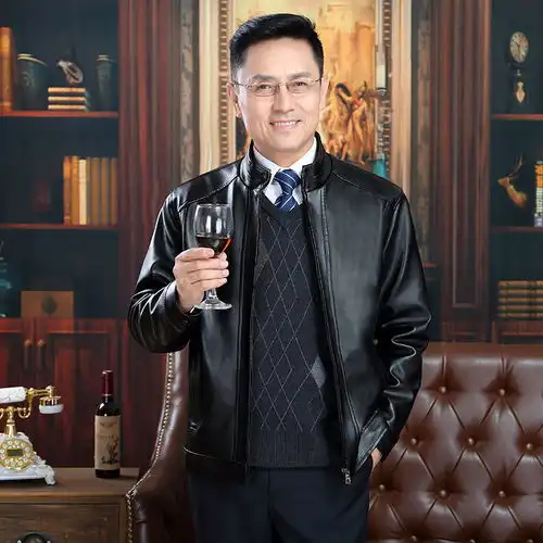 热销中年男士皮衣加绒皮衣男休闲皮夹克宽松大码皮衣外套中老年爸
